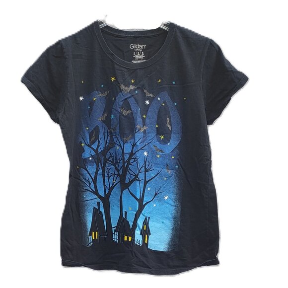 Gildan Halloween Navy Tee T-Shirt Blue Print "Boo" Haunted House Bat Size Medium - Picture 2 of 4